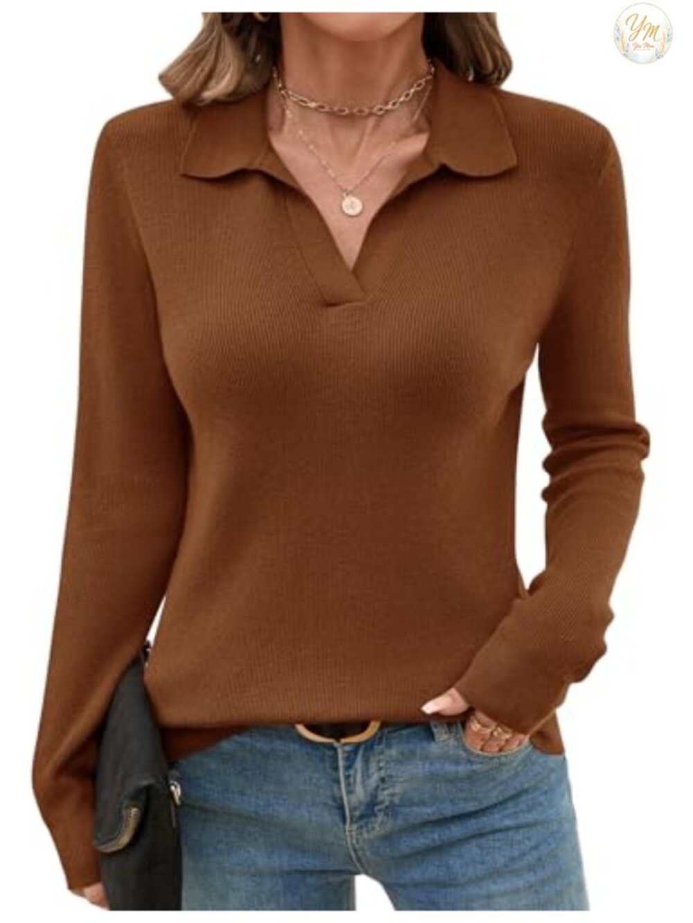 Women's Knitted V-Neck Polo Sweater Long Sleeve Winter Pullover Top